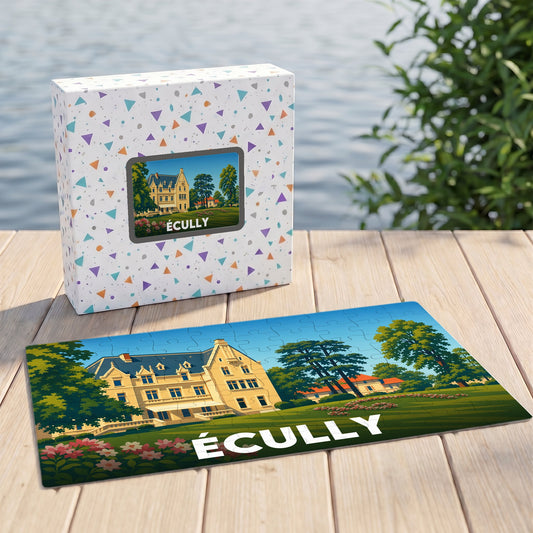 Puzzle souvenir de la ville d'Écully avec une illustration stylisée d'un manoir entouré de verdure.