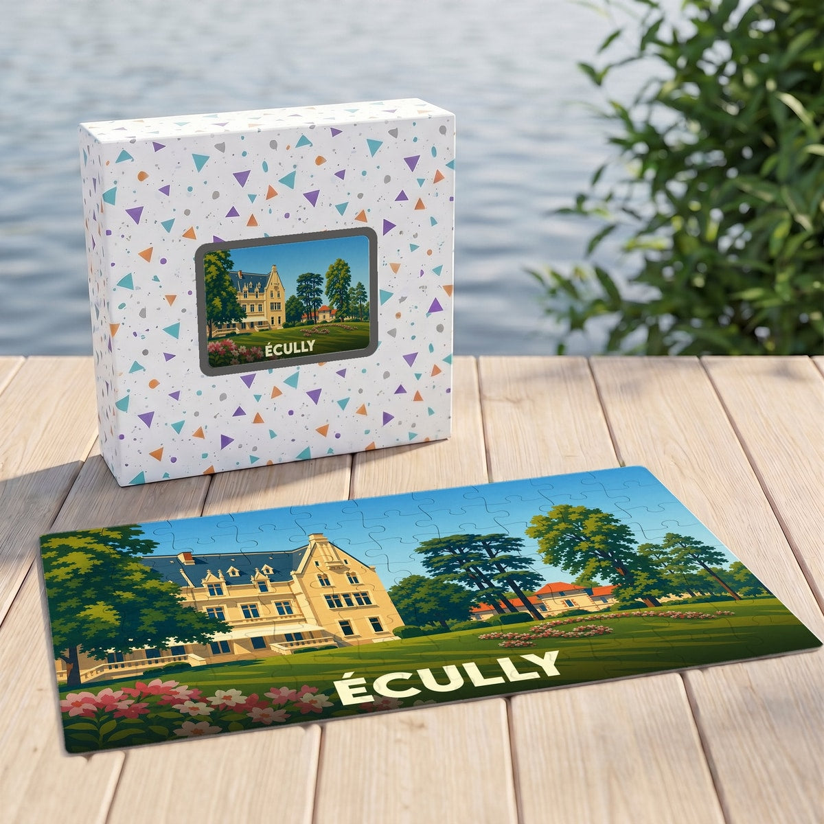 Puzzle souvenir de la ville de Écully avec une illustration stylisée de son patrimoine.