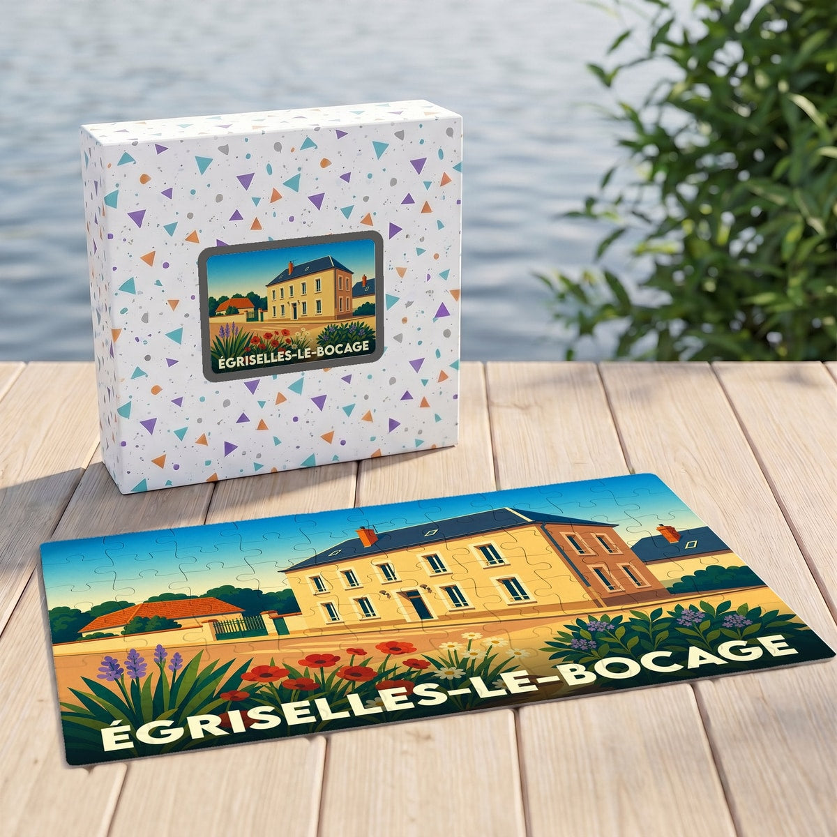 Puzzle souvenir de la ville d'Égriselles-le-Bocage avec une illustration stylisée d'une maison de campagne.
