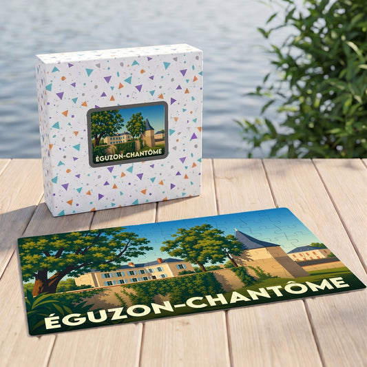 Puzzle souvenir de la ville de Éguzon-Chantôme avec une illustration stylisée de son patrimoine architectural.