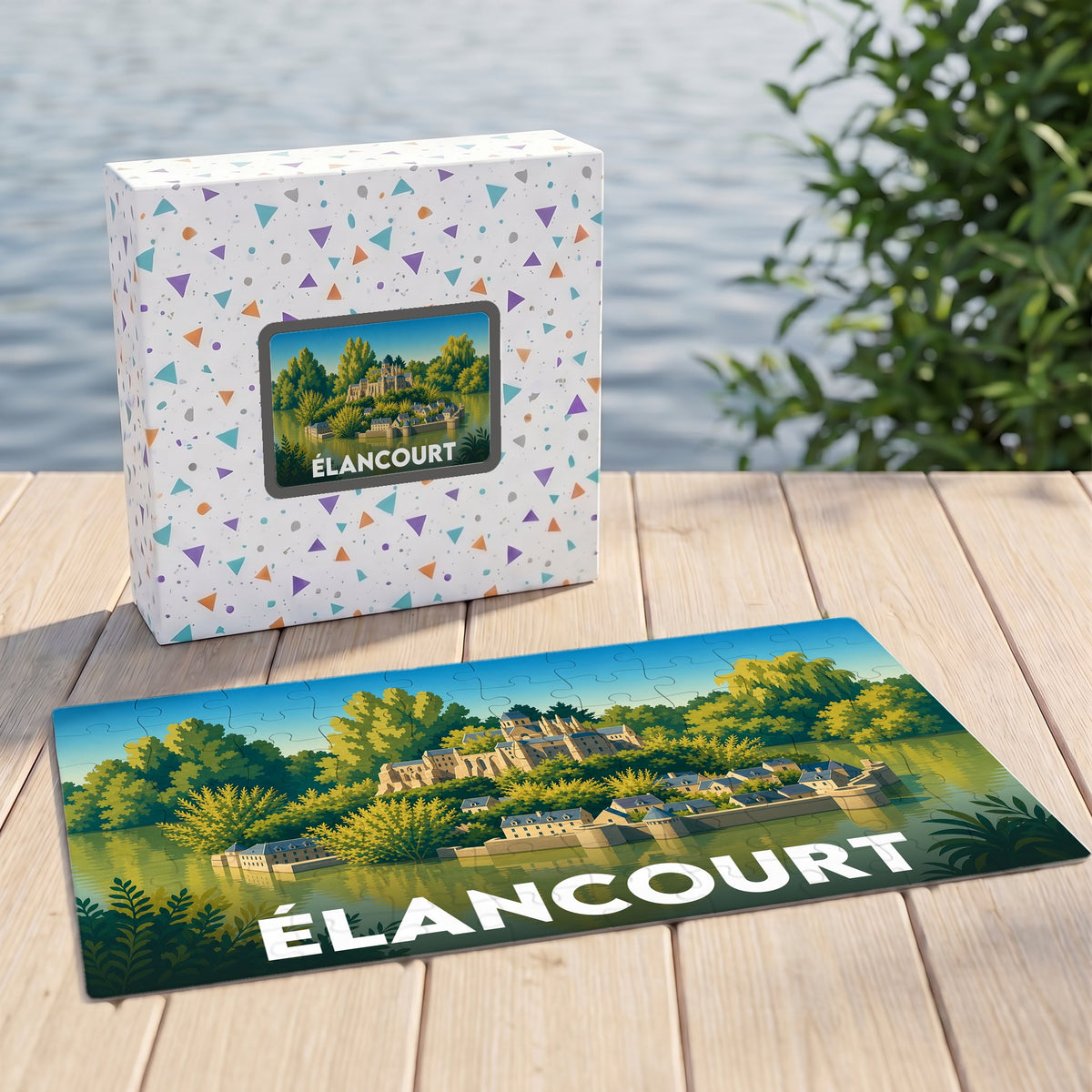 Puzzle souvenir de la ville de Élancourt représentant une illustration stylisée d'un château au bord de l'eau.