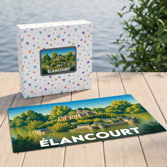 Puzzle souvenir de la ville de Élancourt représentant une illustration stylisée d'un château au bord de l'eau.
