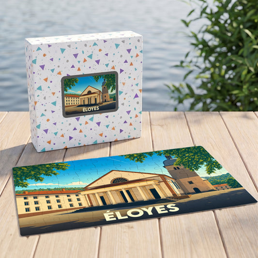 Puzzle souvenir de la ville de Éloyes avec une illustration stylisée.
