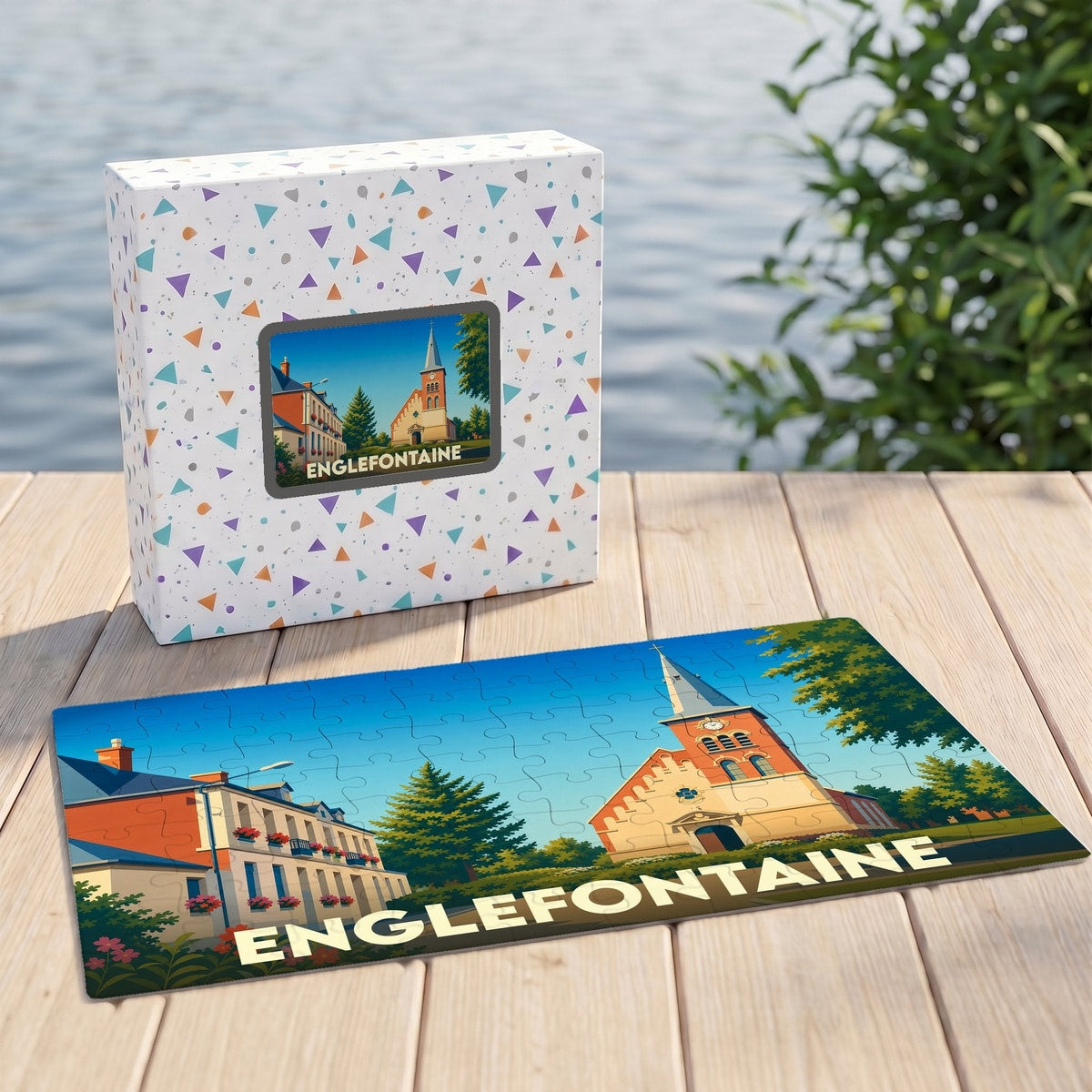 Puzzle souvenir de la ville d'Englefontaine avec une illustration colorée de son église et de son architecture.