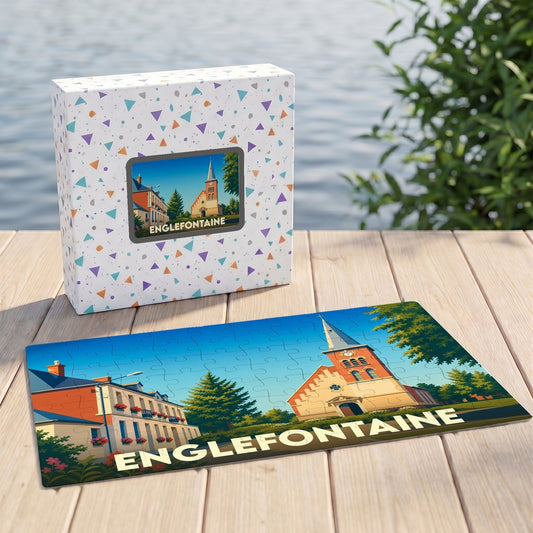 Puzzle souvenir de la ville d'Englefontaine avec une illustration colorée de son église et de son architecture.