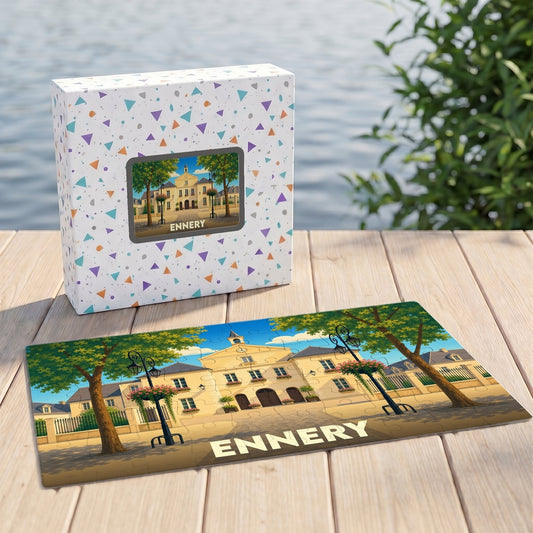 Puzzle souvenir de la ville d'Ennery avec une illustration colorée de son architecture.