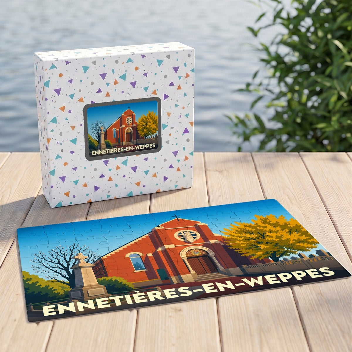 Puzzle souvenir de la ville de Ennetières-en-Weppes avec une illustration stylisée d'une église rouge et son coffret assorti.