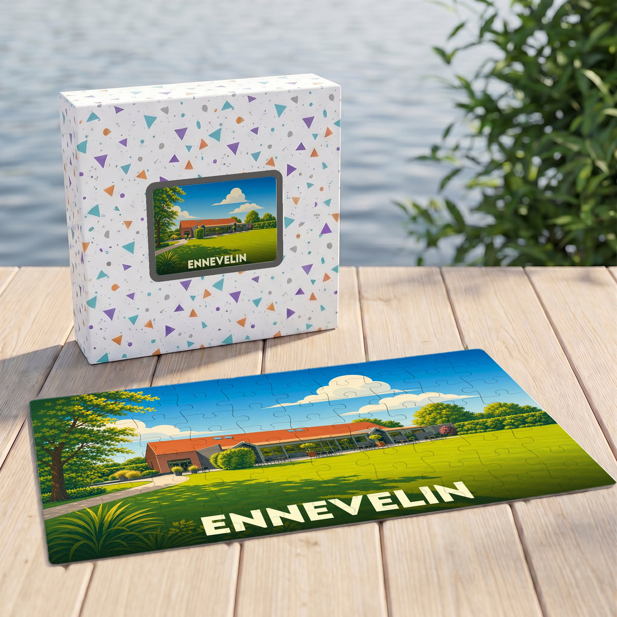 Puzzle souvenir de la ville d'Ennevelin avec une illustration stylisée de paysage sur sa boîte et assemblé.