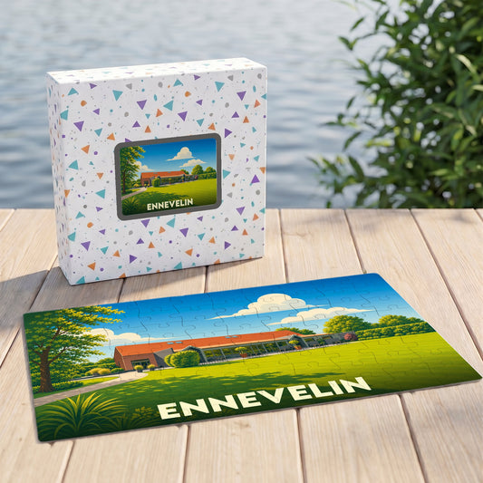 Puzzle souvenir de la ville d'Ennevelin avec une illustration stylisée de paysage sur sa boîte et assemblé.
