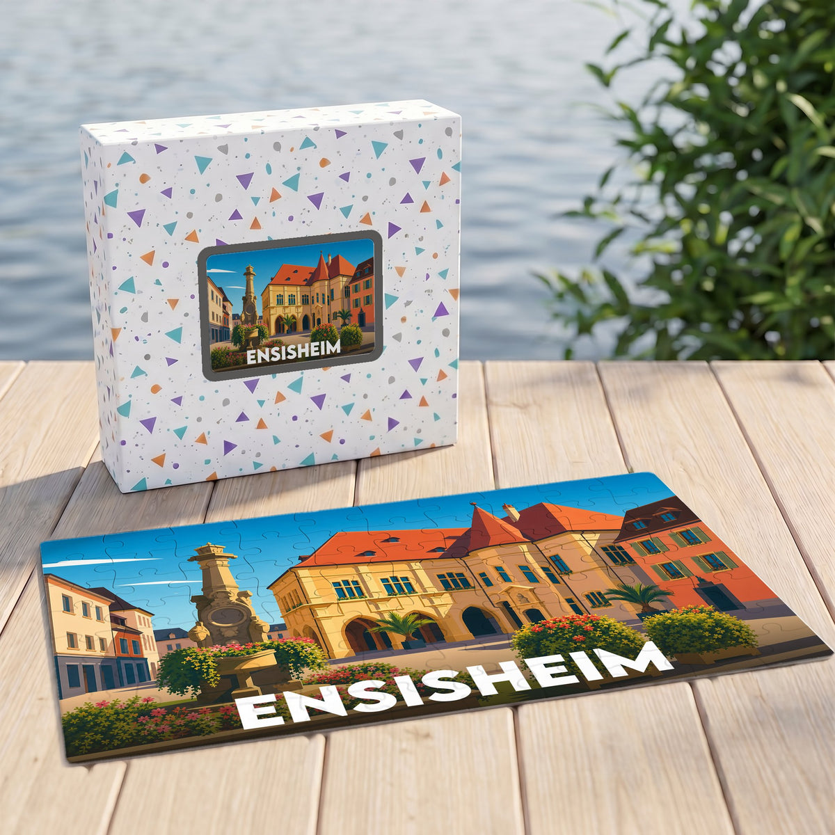 Puzzle souvenir de la ville d'Ensisheim avec une illustration stylisée et colorée de son architecture.