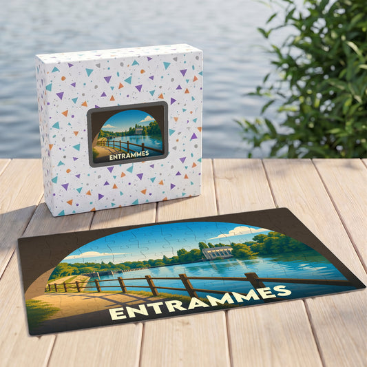 Puzzle souvenir de la ville d'Entrammes avec une illustration stylisée des bords de la Mayenne.