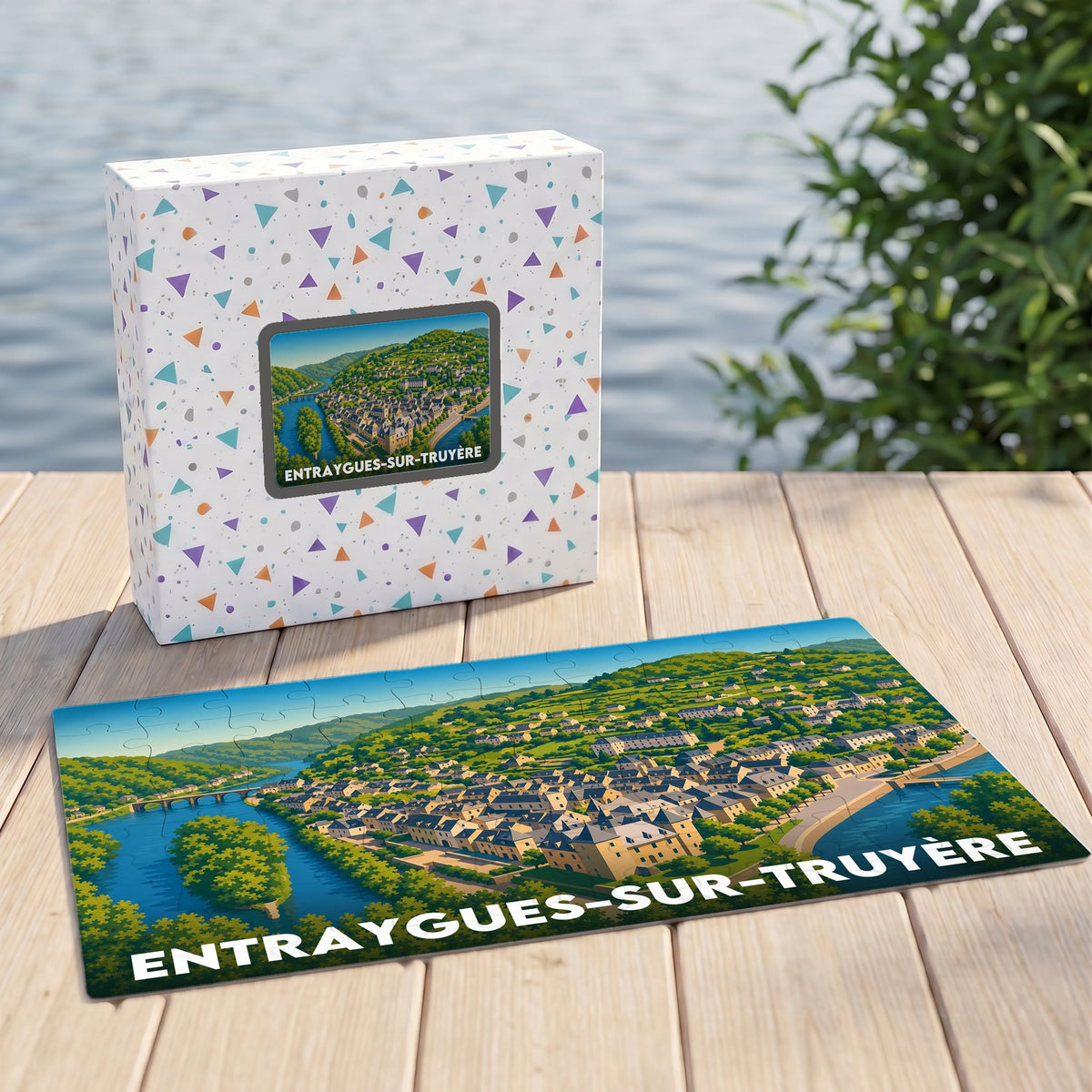 Puzzle souvenir de la ville de Entraygues-sur-Truyère avec une illustration stylisée.