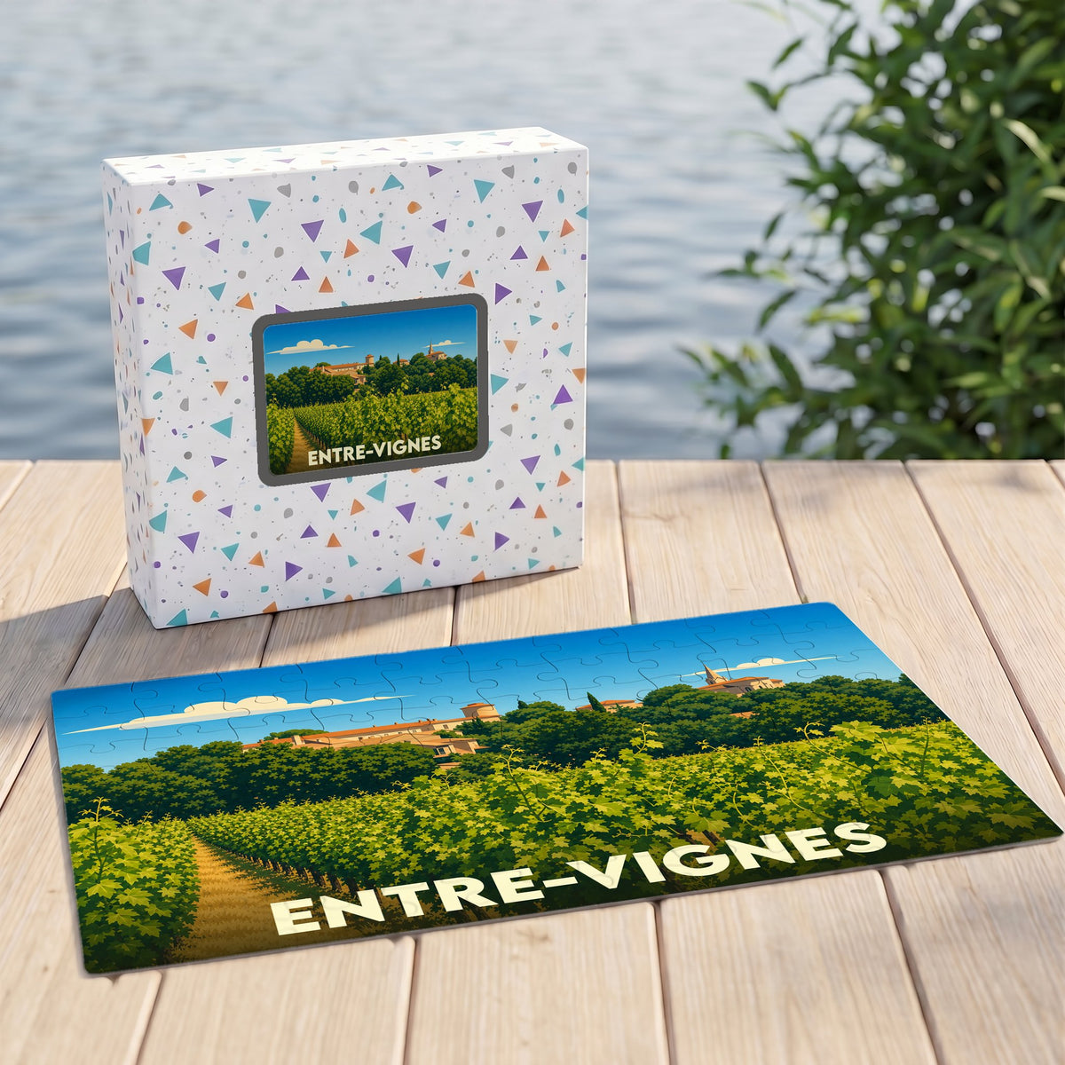Puzzle souvenir de la ville d'Entre-Vignes représentant un paysage de vignobles avec une illustration stylisée.