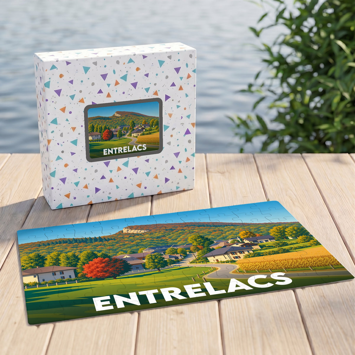 Puzzle souvenir de la ville d'Entrelacs avec une illustration paysagère colorée.
