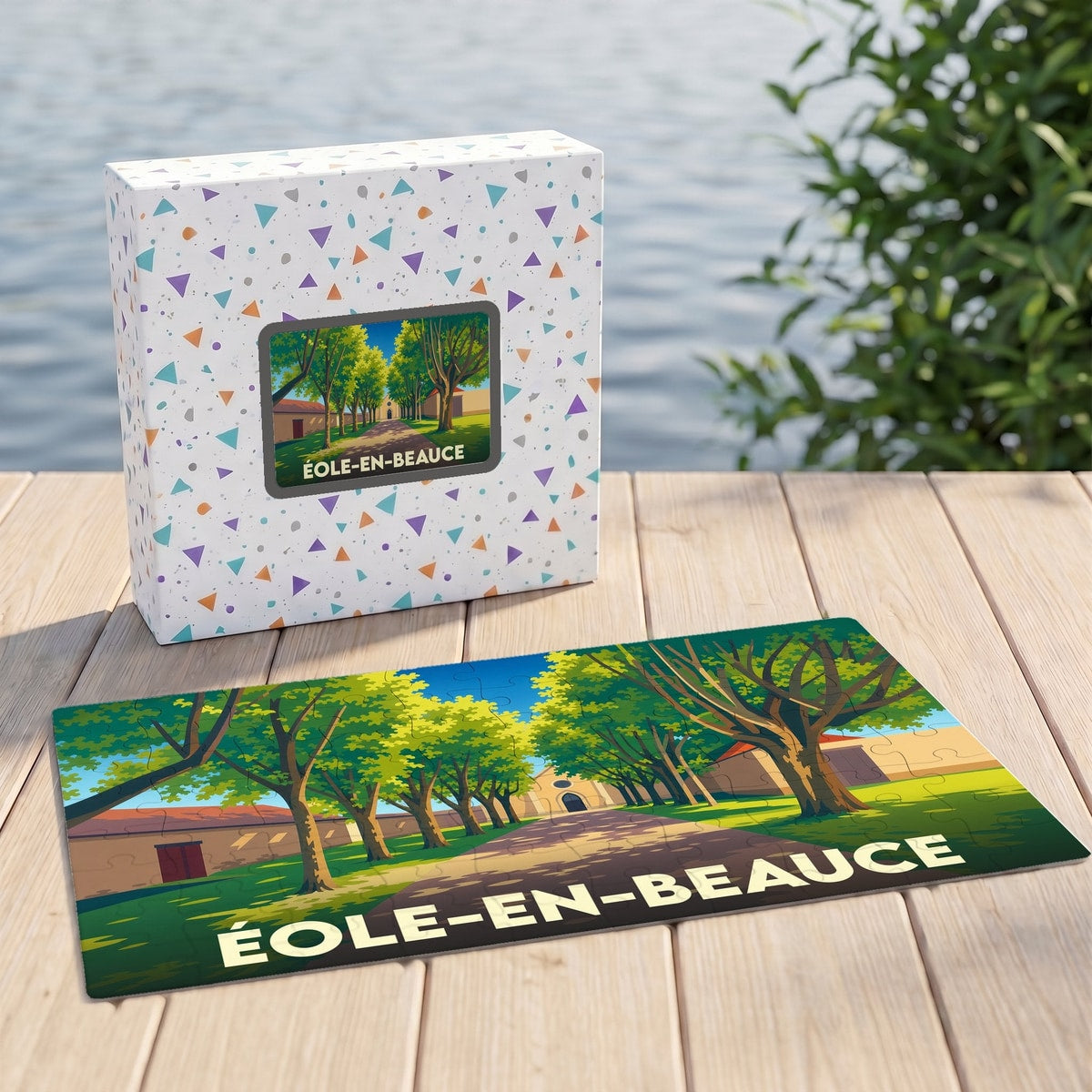 Puzzle souvenir de la ville d'Éole-en-Beauce avec une illustration stylisée d'une allée arborée.