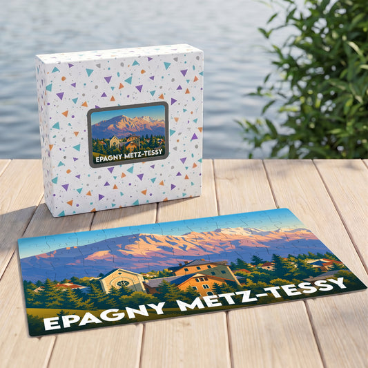 Puzzle souvenir de la ville d'Epagny Metz-Tessy avec une illustration de style vintage représentant des montagnes et des maisons.