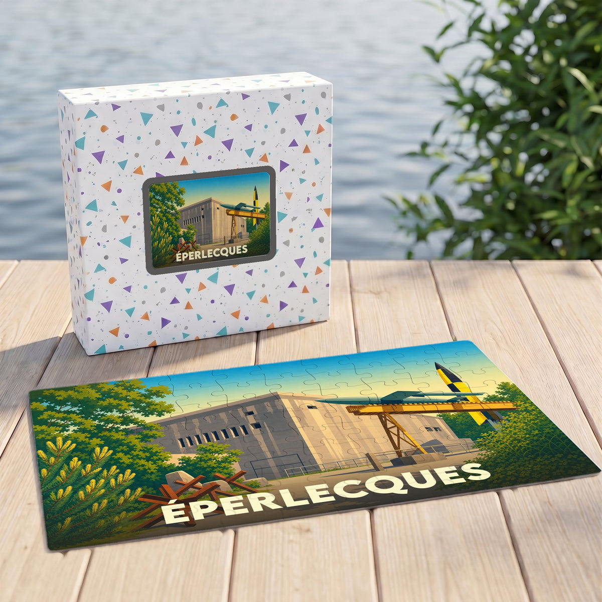 Puzzle souvenir de la ville d'Éperlecques avec une illustration stylisée de son blockhaus historique.