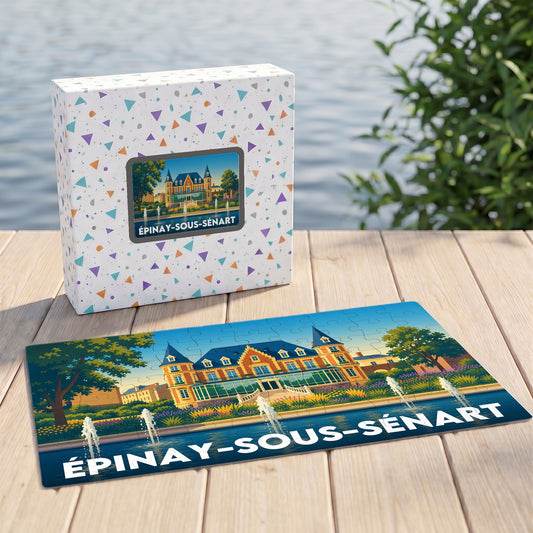 Puzzle souvenir de la ville d'Épinay-sous-Sénart avec une illustration stylisée d'un manoir et de jets d'eau.