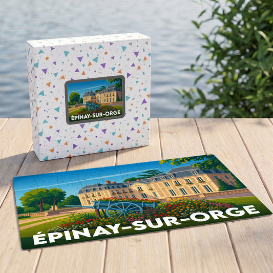 Puzzle souvenir de la ville d'Épinay-sur-Orge avec une illustration stylisée de son château et de ses jardins.