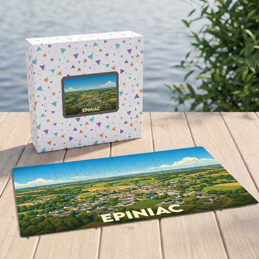 Puzzle souvenir de la ville d'Epiniac avec une illustration paysagère stylisée, présenté à côté de sa boîte.