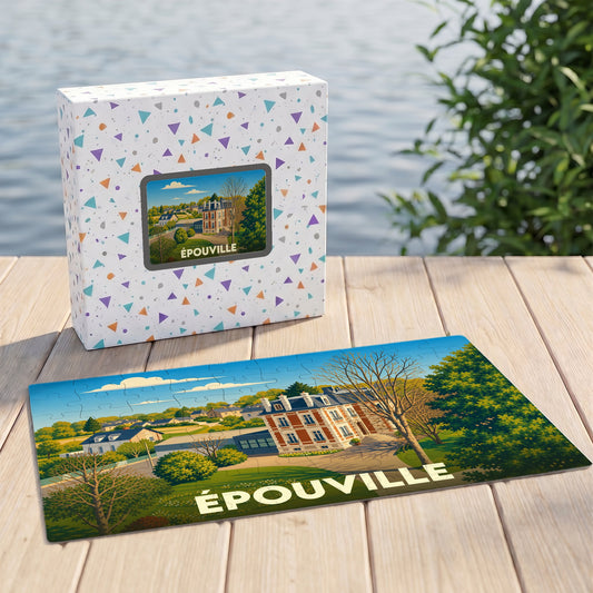 Puzzle souvenir de la ville d'Épouville illustrant un manoir normand dans un paysage verdoyant.