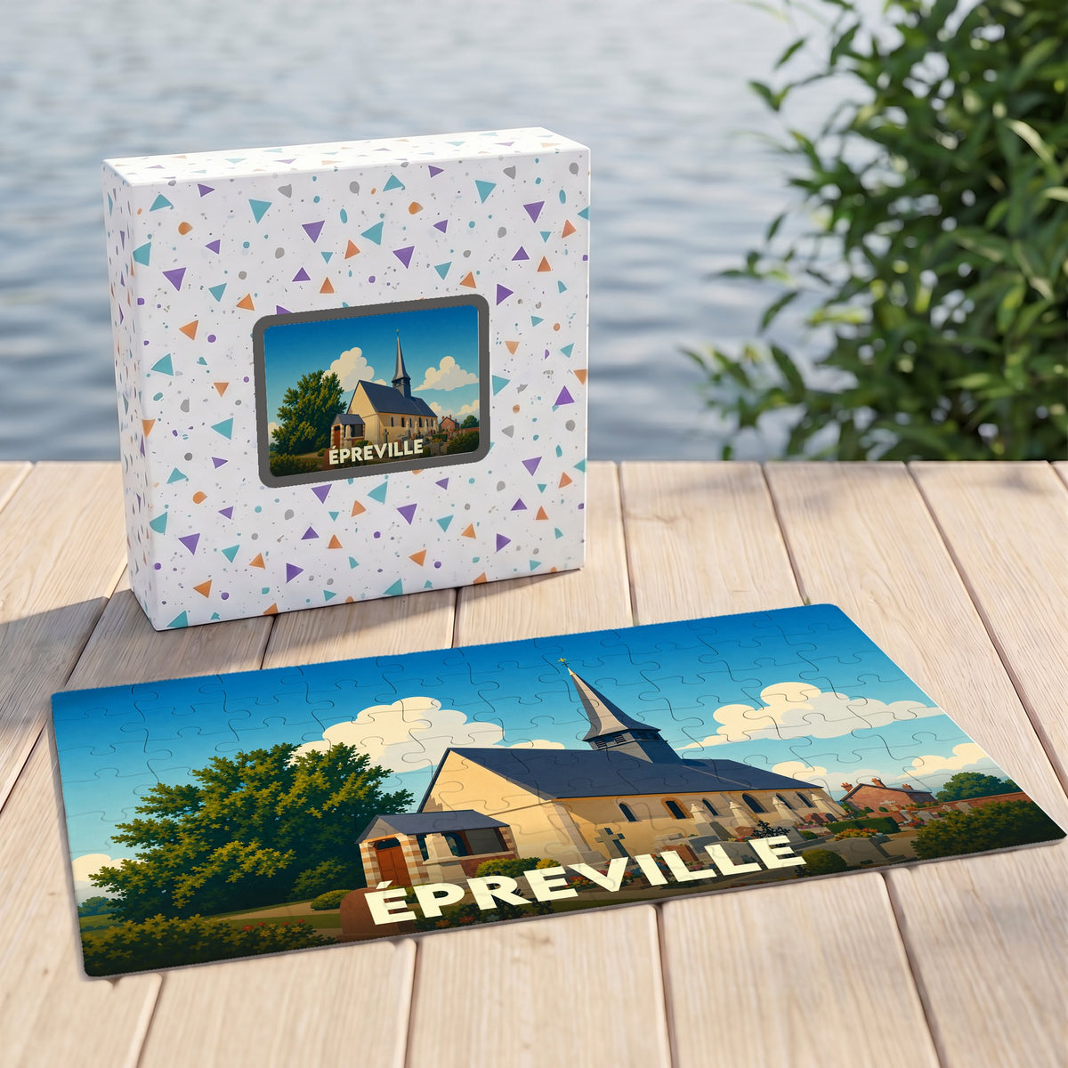 Puzzle souvenir de la ville d'Épreville avec une illustration stylisée d'une église sous un ciel bleu.