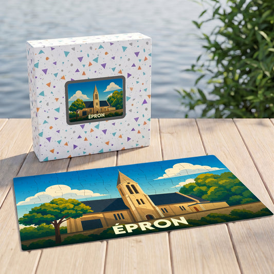 Puzzle souvenir de la ville d'Épron avec une illustration stylisée de son église.