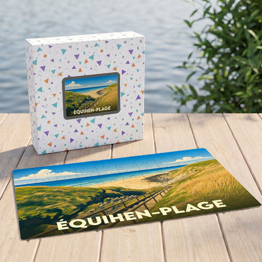 Puzzle souvenir de la ville de Équihen-Plage avec une illustration stylisée d'un paysage de dunes.