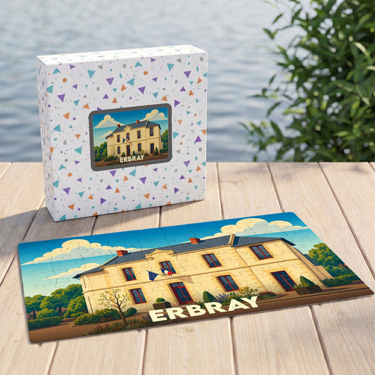 Puzzle souvenir de la ville d'Erbray illustré par un dessin stylisé de son hôtel de ville.