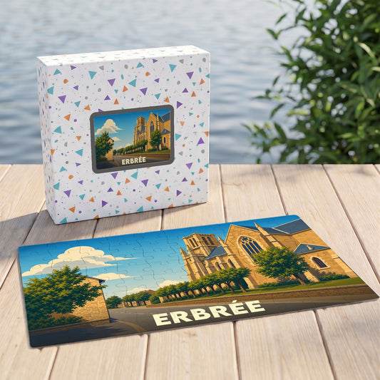 Puzzle souvenir de la ville d'Erbrée avec une illustration stylisée de son église.