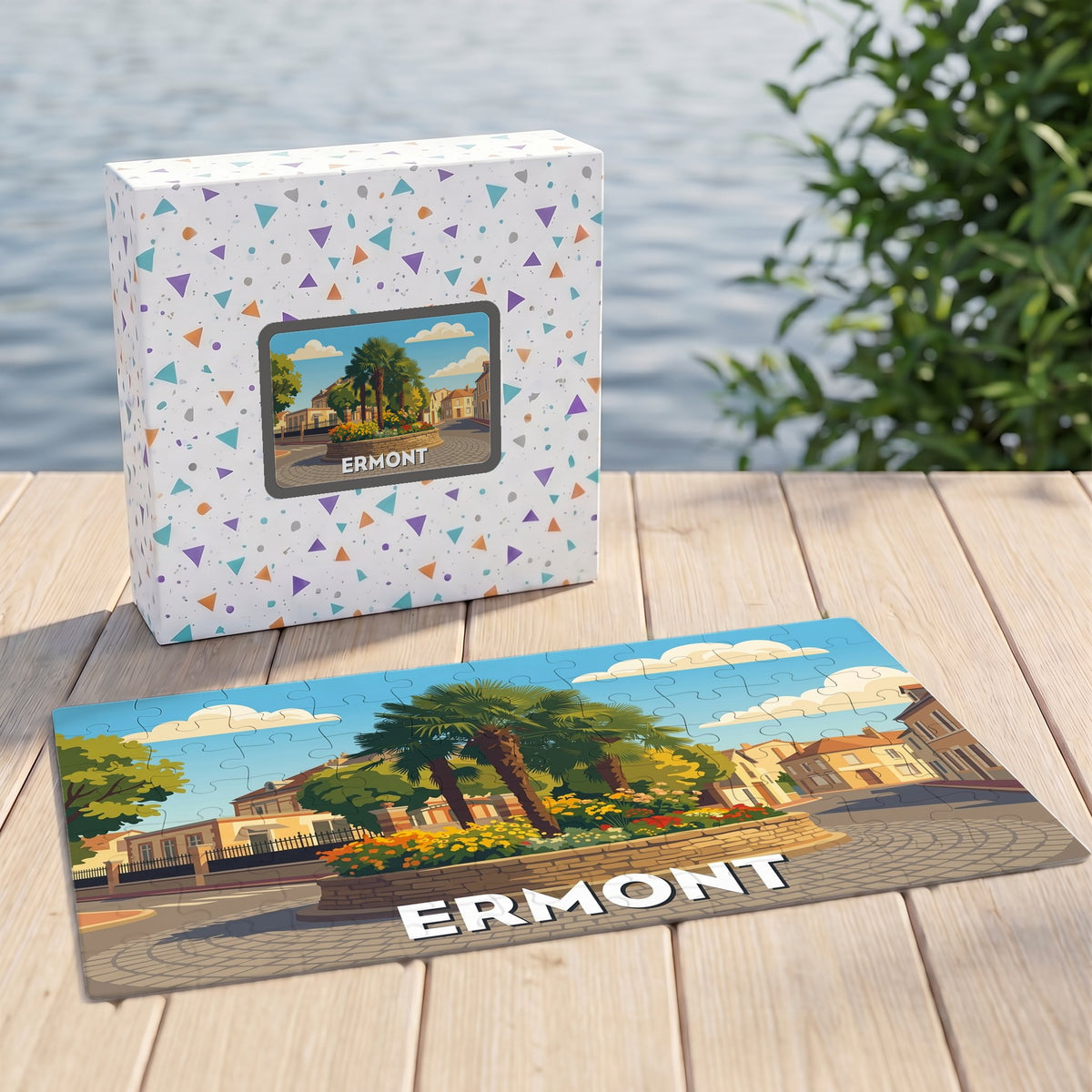 Puzzle souvenir de la ville de Ermont avec une illustration stylisée d'un paysage urbain fleuri.