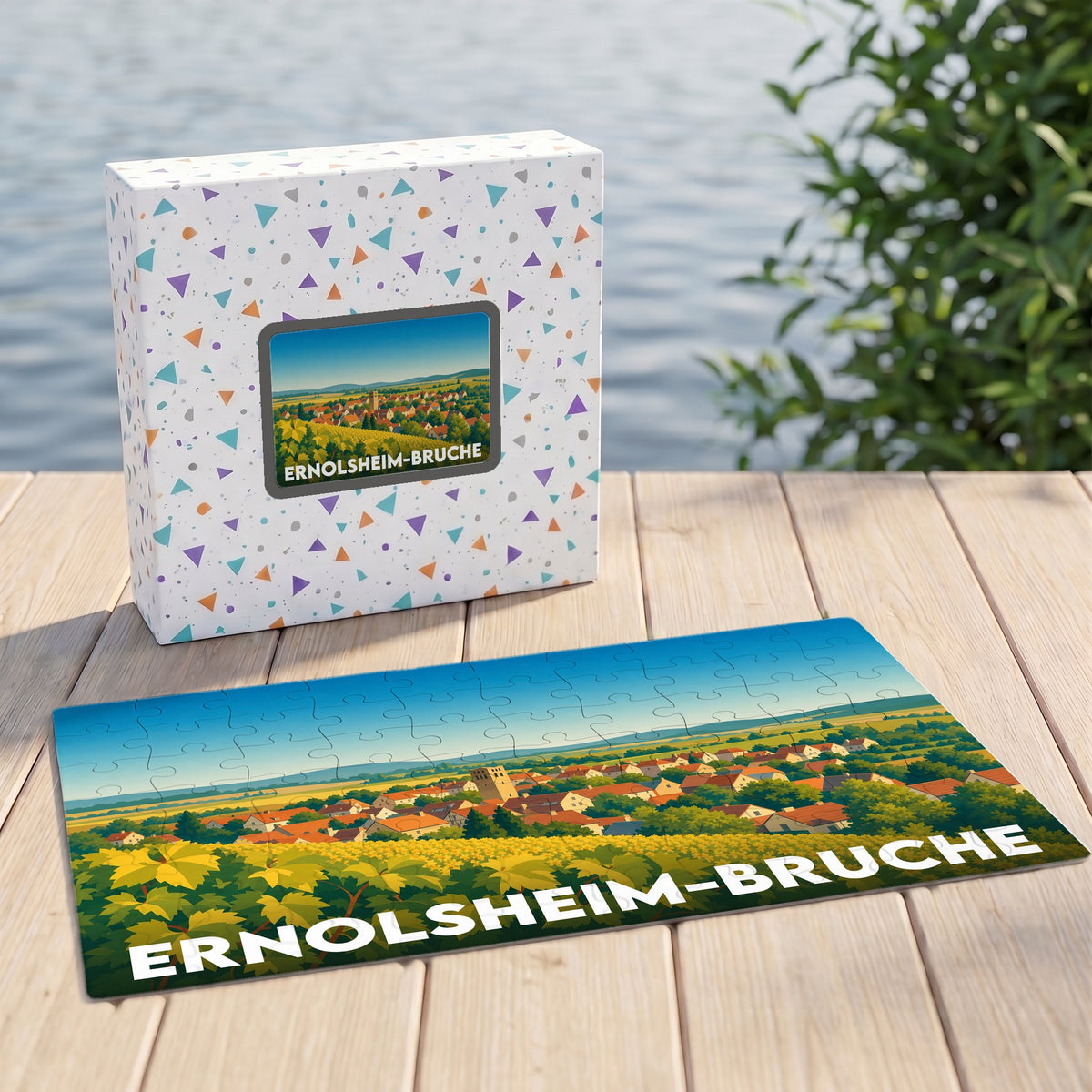 Puzzle souvenir de la ville de Ernolsheim-Bruche avec une illustration stylisée de son paysage et de ses vignobles.