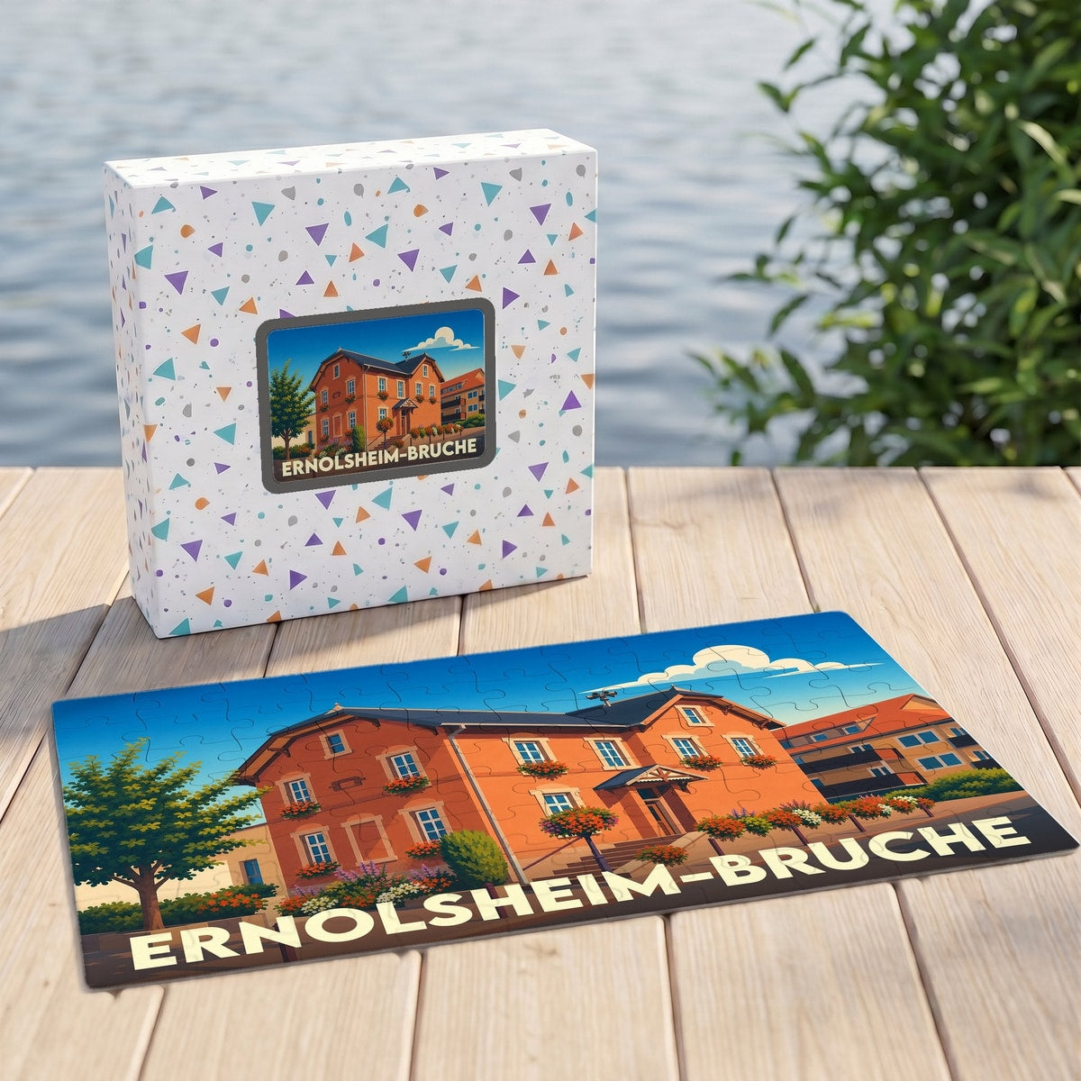 Puzzle souvenir de la ville d'Ernolsheim-Bruche avec une illustration stylisée.