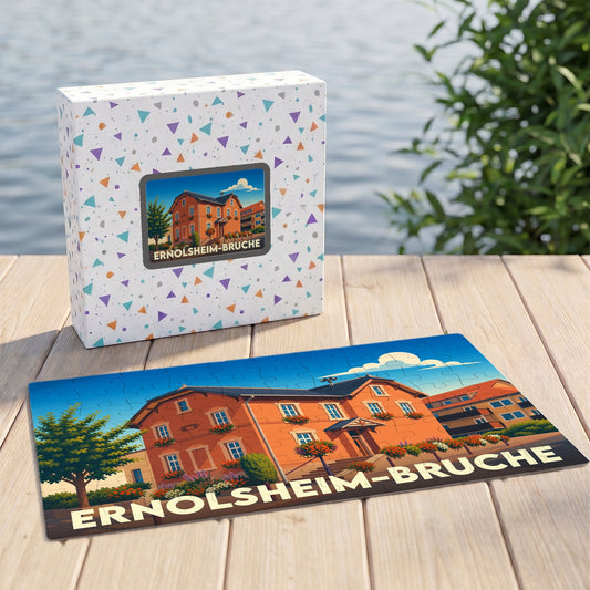 Puzzle souvenir de la ville d'Ernolsheim-Bruche avec une illustration stylisée.