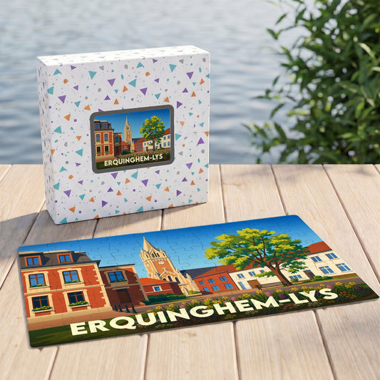 Puzzle souvenir de la ville d'Erquinghem-Lys avec une illustration stylisée et colorée de son architecture.