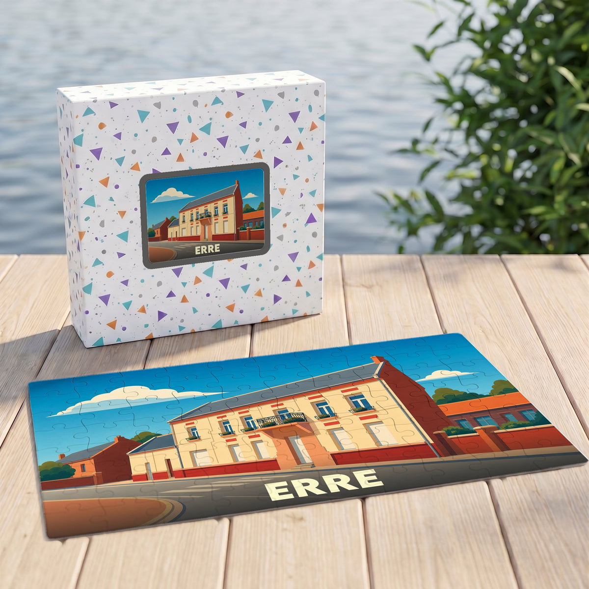 Puzzle souvenir de la ville d'Erre avec une illustration stylisée.