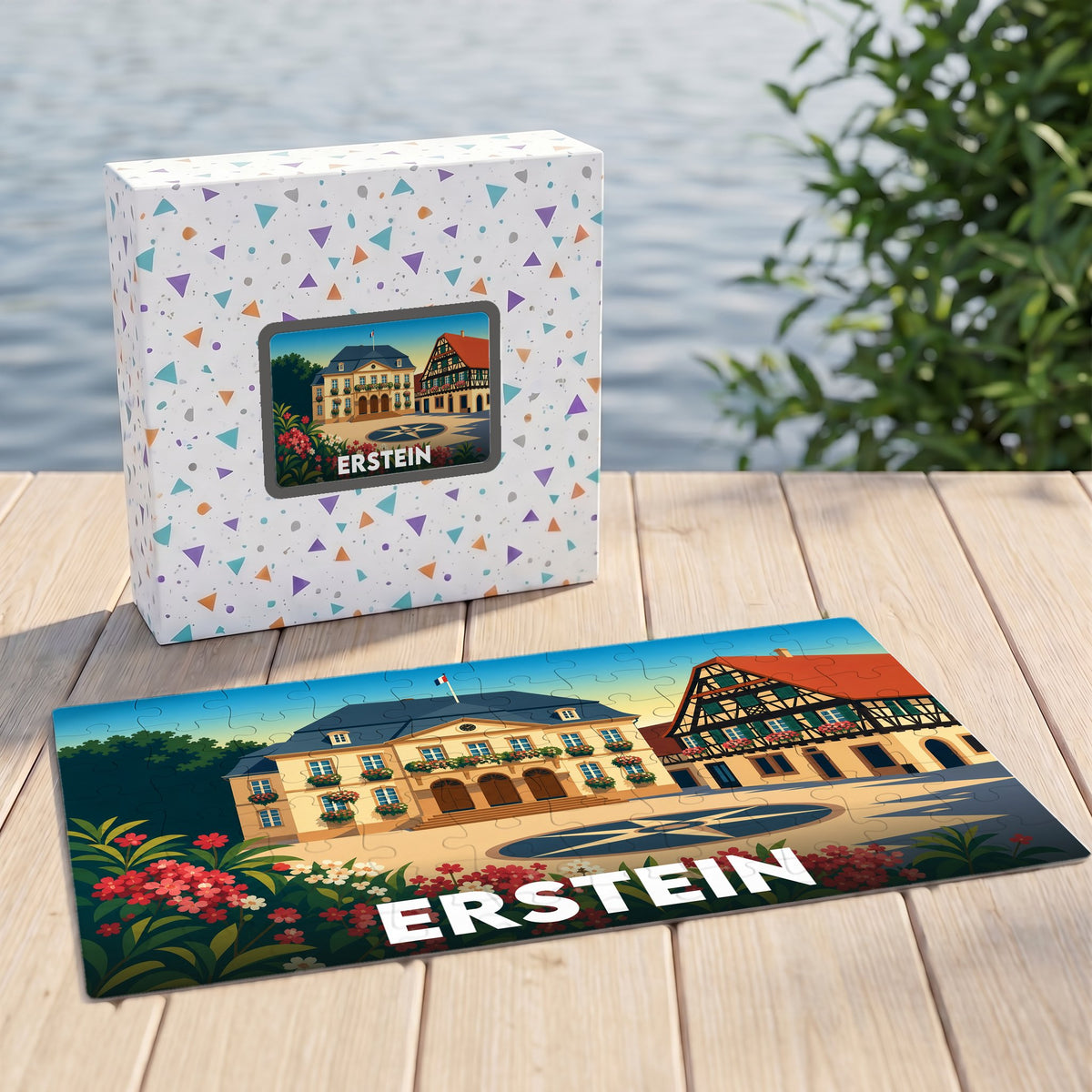 Puzzle souvenir de la ville de Erstein avec une illustration stylisée d'un bâtiment historique.