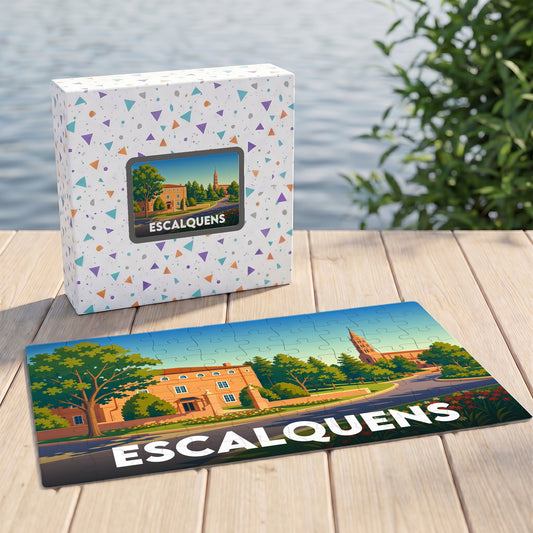 Puzzle souvenir de la ville d'Escalquens avec une illustration stylisée de son paysage urbain.