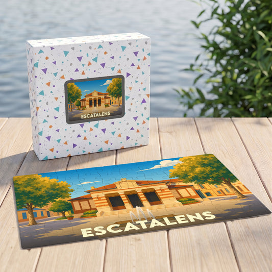 Puzzle souvenir de la ville de Escatalens avec une illustration stylisée et sa boîte assortie.