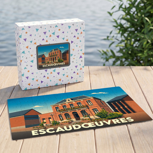Puzzle souvenir de la ville d'Escaudœuvres avec une illustration stylisée de l'hôtel de ville.
