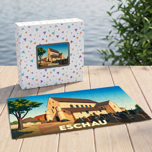 Puzzle souvenir de la ville d'Eschau illustrant son église abbatiale dans un style épuré.