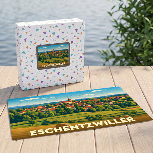 Puzzle souvenir de la ville de Eschentzwiller avec une illustration stylisée de son paysage champêtre.