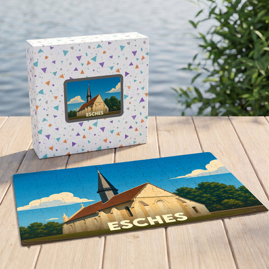 Puzzle souvenir de la ville d'Esches représentant son église dans un style illustré.