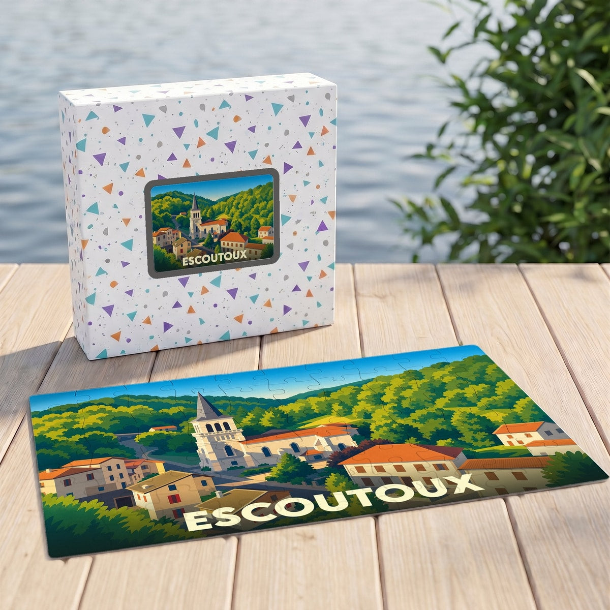 Puzzle souvenir de la ville d'Escoutoux avec une illustration stylisée d'un village vallonné.