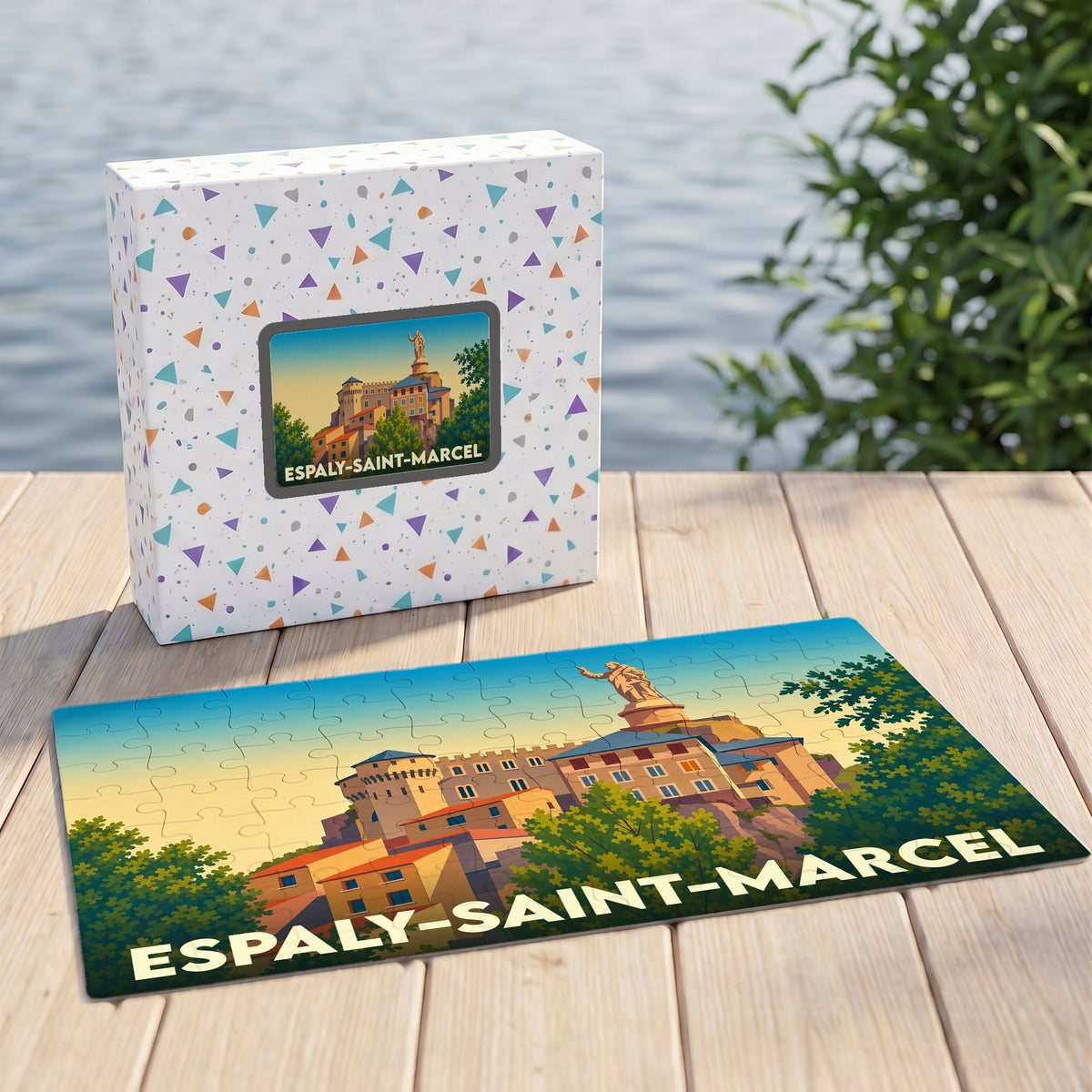 Puzzle souvenir de la ville d'Espaly-Saint-Marcel avec une illustration stylisée et colorée.