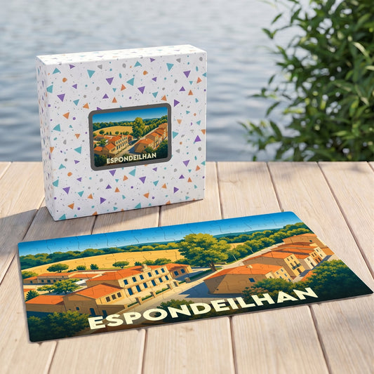 Puzzle souvenir de la ville d'Espondeilhan avec une illustration stylisée d'un paysage urbain ensoleillé.