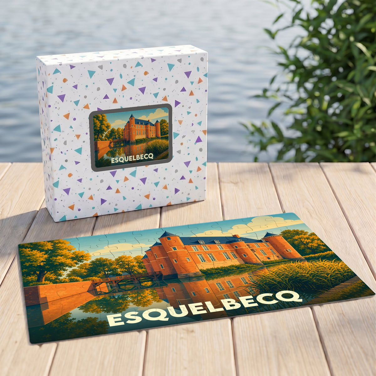 Puzzle souvenir de la ville d'Esquelbecq avec une illustration stylisée d'un château au bord de l'eau.