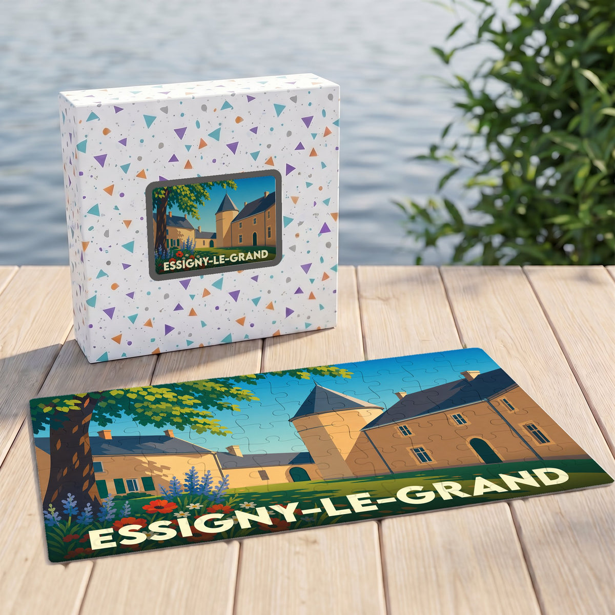Puzzle souvenir de la ville d'Essigny-le-Grand avec une illustration stylisée et colorée.