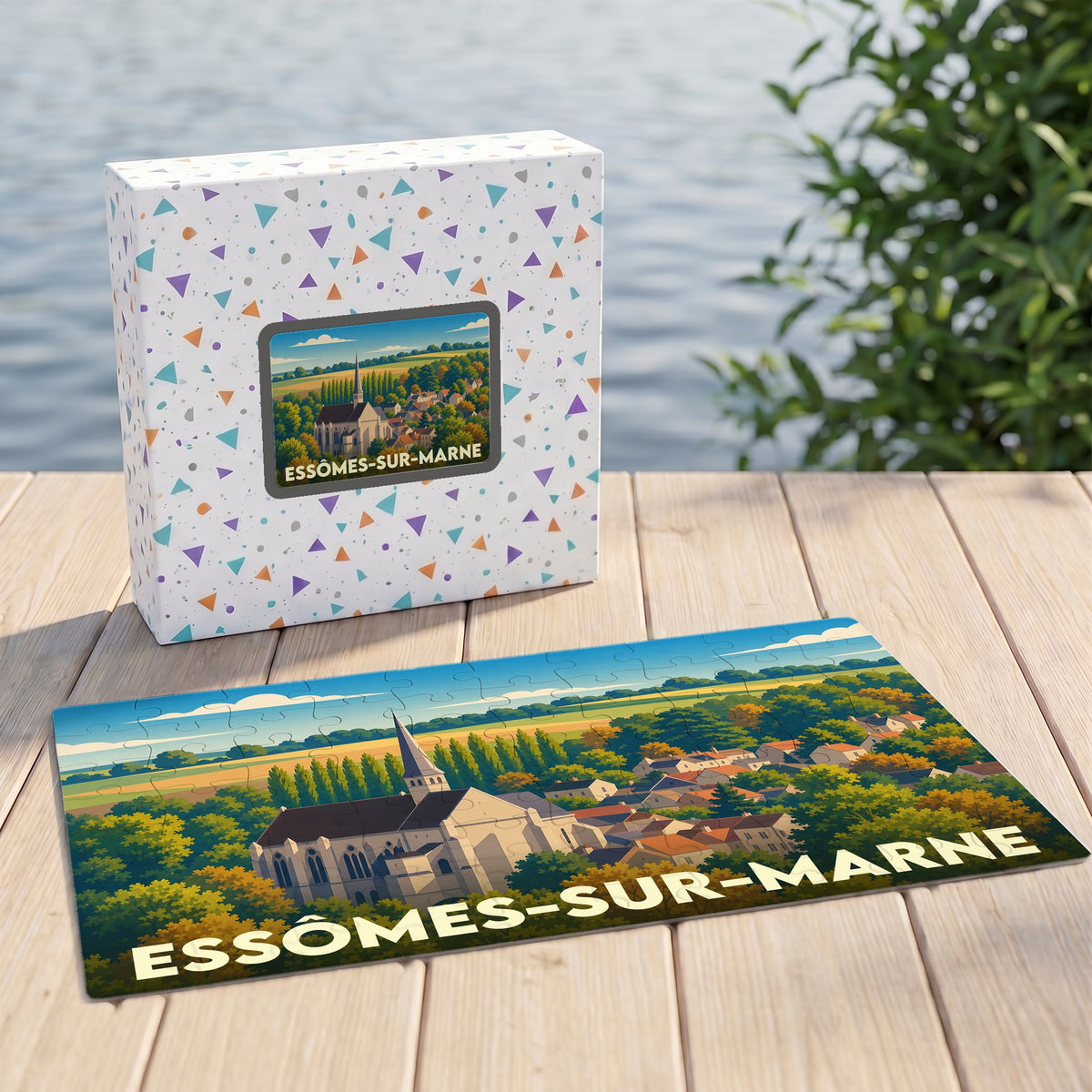 Puzzle souvenir de la ville d'Essômes-sur-Marne avec une illustration stylisée de son abbaye et de ses paysages.