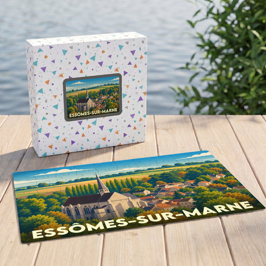 Puzzle souvenir de la ville d'Essômes-sur-Marne avec une illustration stylisée de son abbaye et de ses paysages.
